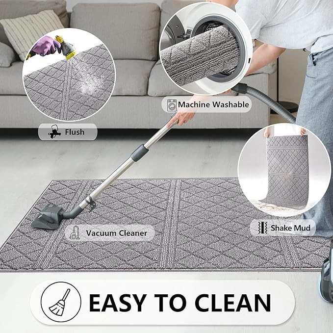 REFETONE Indoor Doormat, Front Back Door Mat 32"x48" Absorbent Rubber Backing Non Slip Door Mats, Low-Profile Resist Dirt Rugs, Machine Washable Door Rug Inside Floor Mat for Entryway, Light Grey