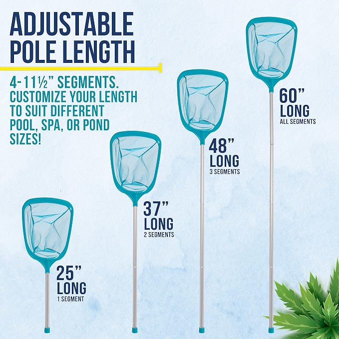 U.S. Pool Supply Swimming Pool 5 Foot Leaf Skimmer Net with 4 Aluminum Pole Sections - 6" Deep Ultra Fine Mesh Netting Bag Basket for Fast Cleaning of The Finest Debris - 60" Long, Clean Spas, Ponds
