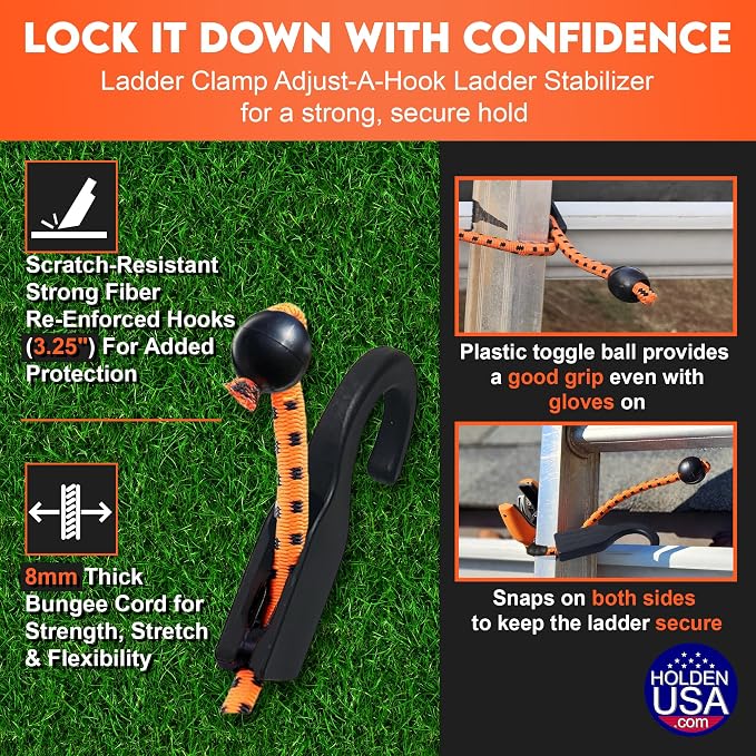 Holden USA - Ladder Clamp - Stabilizer Clip – Secure Safety Clamp for Roof, Gutters, and Wall Prep – Durable Support Cord for Roofing and Gutter Tasks (Orange Pair/2 units)