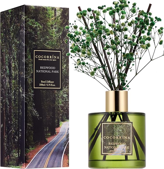 Reed Diffuser - Redwood National Park 6.7 Fl.oz Reed Diffuser Set with 8 Sticks & Preserved Baby's Breath, Reed Diffuser for Home Bathroom Shelf Decor