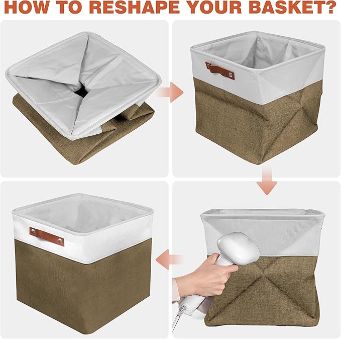 11in Open Fabric Storage Basket with Leather Handles for Organizing, Collapsible Linen Closet Bins for Shelves, Closets, Laundry, Decorative Basket for Gifts. (White＆Brown, 3PCS/11x11in)