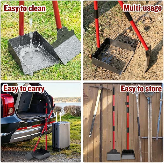 Pooper Scooper for Large Dogs, Adjustable Long Handle Metal Tray and Spade Poop Scooper for Dogs with Bin for Pet Waste Removal, No Bending Clean Up Pooper Scooper for Medium and Large Dogs,Red