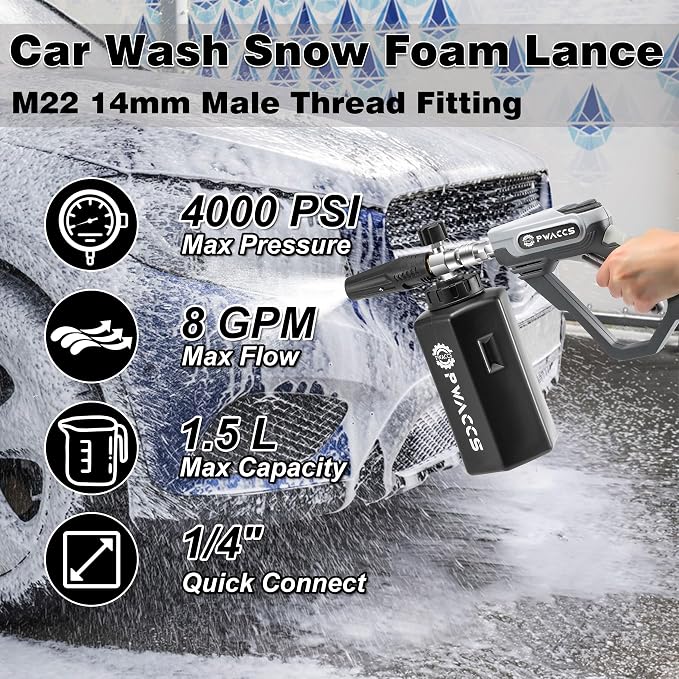 PWACCS Pressure Washer Foam Cannon Gun, Short Power Washer Wand, 1.5 Liter | Car Wash Kit Foam Cannon, 1/4" Quick Connector, Pressure Wash Handle, M22 Male Inlet, 4000 PSI