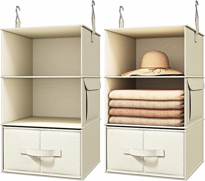 Vailando 2 Pack 3-Shelf Hanging Closet Organizer with 2 Drawers, Beige | Two Hanging Organizers with Fabric Drawers, Space-Saving Closet Storage for Clothes, Baby Items, Nursery and Dorm Rooms