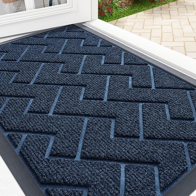 OLANLY Front Door Mat Indoor Outdoor Entrance, Waterproof All-Season, All-Weather Doormat, Sturdy Natural Rubber, Low Profile, Easy Clean Patio Porch Entryway Mat, Herringbone Brick (Blue, 29.5x17)