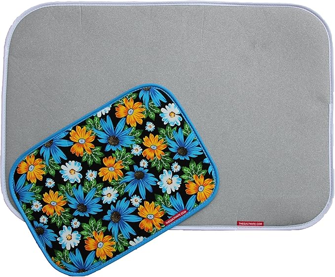 THEQUILTMATE - Premium Ironing Pad, Designed Especially for Quilters and Crafters, Combo: Classic Silver, 17 in x 25 in; Blue Mini, 10in x 14in
