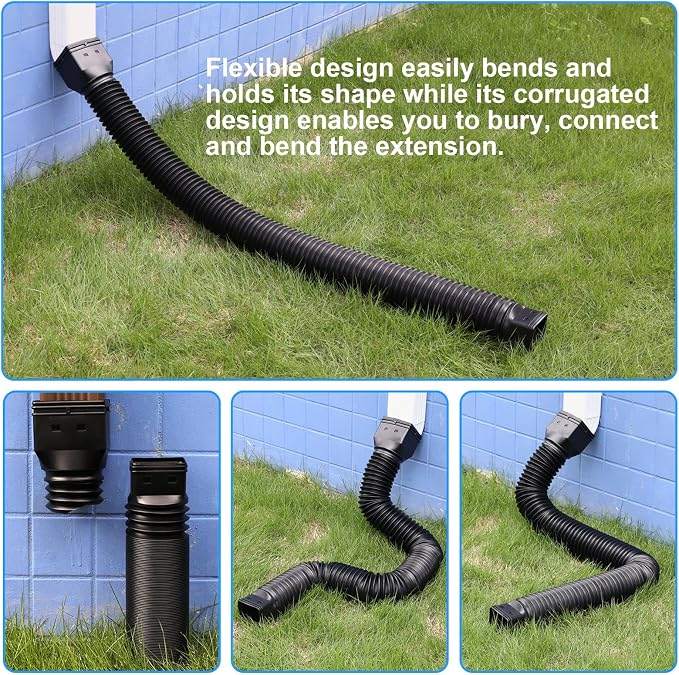 plusgutter 16.5ft Long Gutter Downspout Extensions Flexible, 4" Diameter Drain Downspout Extender, Down Spout Drain Extender for Rainwater Drainage, Extendable from 3.4ft to 16.5ft(1Pack Black)