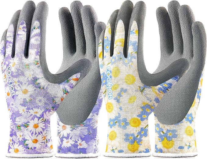 COOLJOB 2 Pairs Gardening Gloves for Women Ladies, Breathable Rubber Coated for Yard Garden, Outdoor Indoor Protective Work, Medium, Floral Pattern