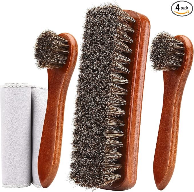 Unekez 4-Piece Horsehair Shoe Brush Shine Kit, Shoe Polish Kit, Leather Shoes Boot Cleaning Brush Care Clean Dauber Applicators