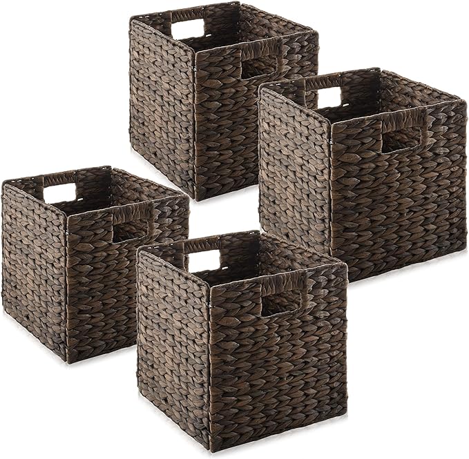 Casafield 10.5" x 10.5" Water Hyacinth Storage Baskets, Espresso - Set of 4 Collapsible Cube Organizers, Woven Bins for Bathroom, Bedroom, Laundry, Pantry, Shelves