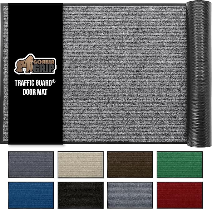 GORILLA GRIP Traffic Guard Door Mat, Heavy Duty Welcome Mats, Commercial Office Space Doormat, Waterproof, Fade Resistant, Strong Rubber Backing, Low Profile, Shoe and Boot Scraper, 29x17, Light Gray