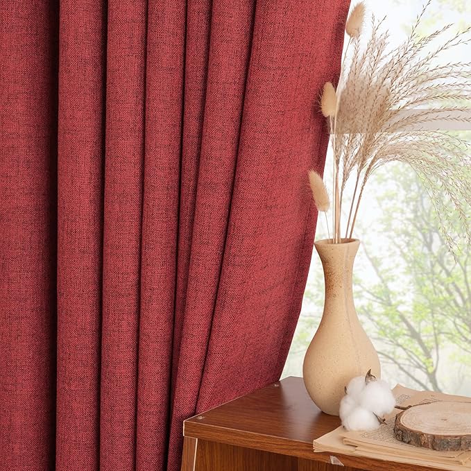 YoungsTex Red Linen Curtains 80 Inch Length for Living Room, Light Filtering Semi Sheer Drapes with Back Tab Rod Pocket for Christmas Bedroom Dining Room, 2 Panels, 52 X 80 Inch