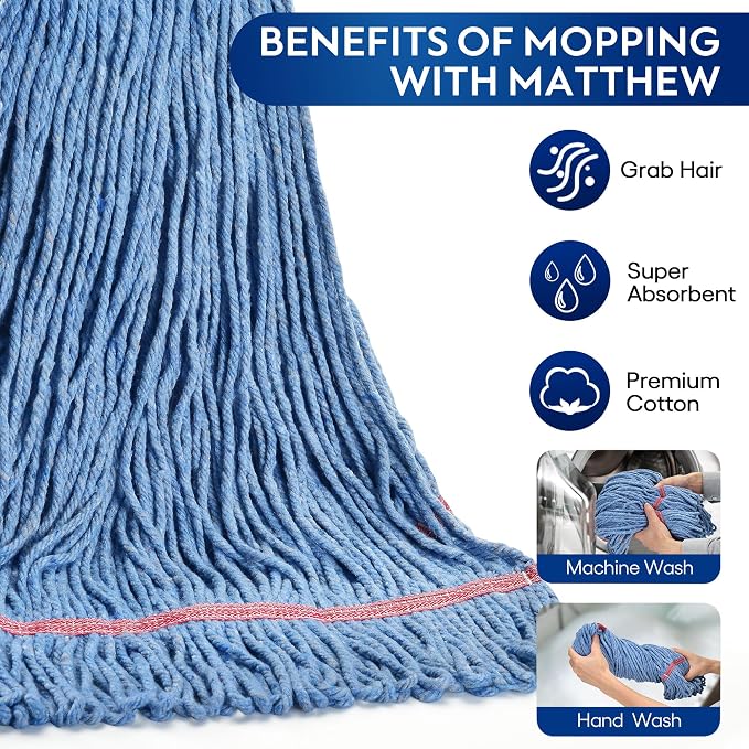 Matthew Cleaning 24oz Heavy Duty Mop Head Commercial Replacement for General and Floor Cleaning , Wet Industrial Blue Cotton Looped End String Head Refill (Case of 12) Blue
