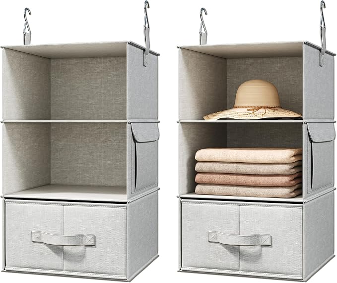 2 Pack 3-Shelf Hanging Closet Organizer with 2 Drawers, Silver Gray | Two Hanging Organizers with Fabric Drawers, Space-Saving Closet Storage for Clothes, Baby Items, Nursery and Dorm Rooms