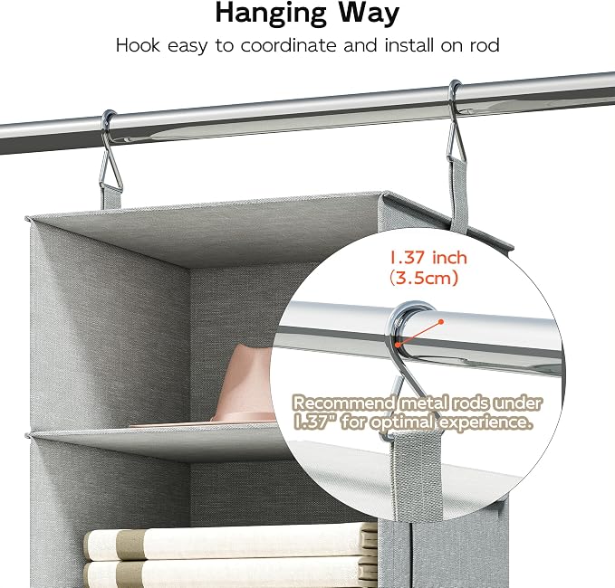 Vailando 6-Tier Hanging Shelves for Closet, Two 3-Shelf Hanging Closet Organizer w/ 4 Side Pockets and 3 Drawers, Combinable for Dorm Wardrobe Organizer and RV Storage and Organization | Converts into Two 3-Shelf Organizers, Foldable Drawers, Side Pock...