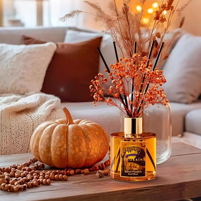 Reed Diffuser - Spiced Pumpkin 6.7 fl oz Scented Diffuser with 8 Sticks Home Fragrance Bathroom Shelf Decor (Halloween Collection)
