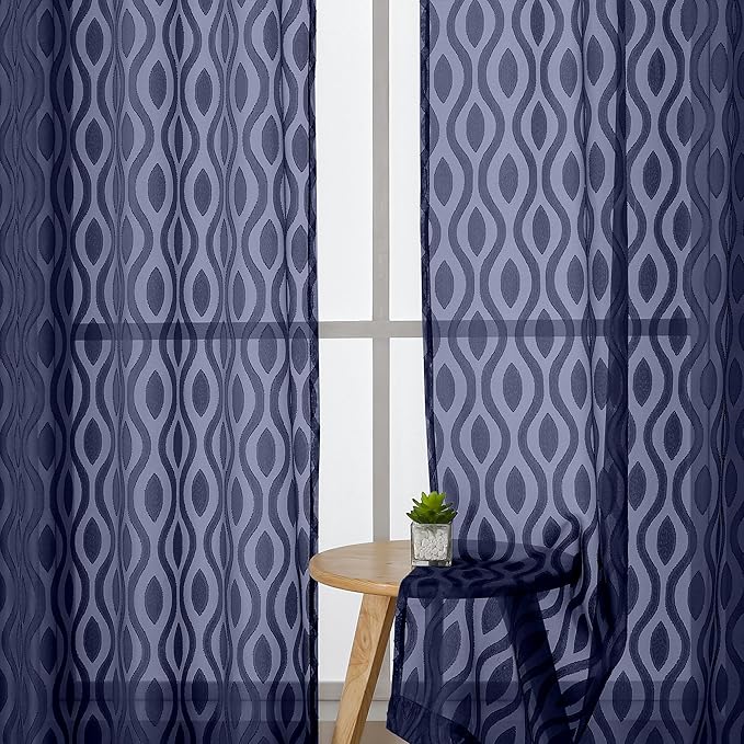 Aiyufeng Navy Curtains 45 Inch Length 2 Panels Set, Farmhouse Soft Airy Lightweight Clip Jacquard Textured Curtains, Chic Wavy Line Window Curtains for Bedroom Living Room, 40" Wx45 L Inches