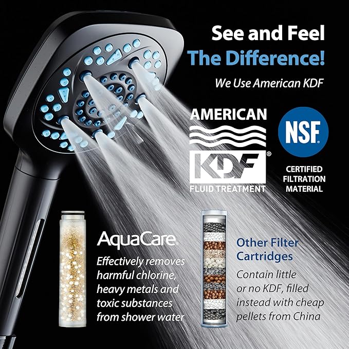 AquaCare 82-Mode High Pressure 6-way Combo with Filter & 2-mode Power Wash | Filters Chlorine & Toxins, Softens Hard Water for Healthy Skin & Hair. Handheld Shower Head Cleans Tub, Tile & Pets / Black