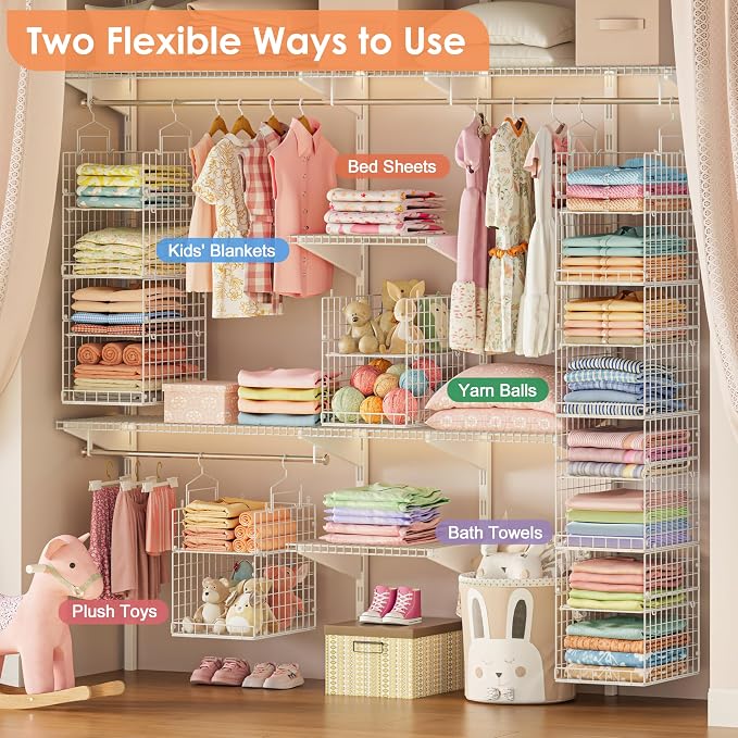 8-Tier Extended Depth Hanging Closet Organizers and Storage for Closet System, Stackable Closet Shelves with 4 Adjustable Dividers for Clothes Sweaters Purses, Wire Hanging Basket Fits Closet Laundry