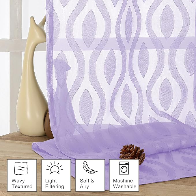 Aiyufeng Lavender Sheer Curtains Tiers 36 Inch Length, Light Filtering Soft Airy Wavy Line Jacquard Textured Short Curtain for Bedroom Bathroom Basement, Dual Rod Pocket, 2 Panels, 40" Wx36 L Inch