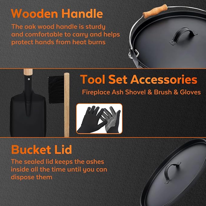 3.5 Gallon Ash Bucket with Lid and Shovel, Metal Fireplace Ash Bucket with Broom, Complete Fireplace Tools Set for Wood Stove and Fireplace