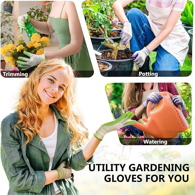 COOLJOB 2 Pairs Gardening Gloves for Women Ladies, Breathable Rubber Coated for Yard Garden, Outdoor Indoor Protective Work, Large, Lavender Purple & Apple Green