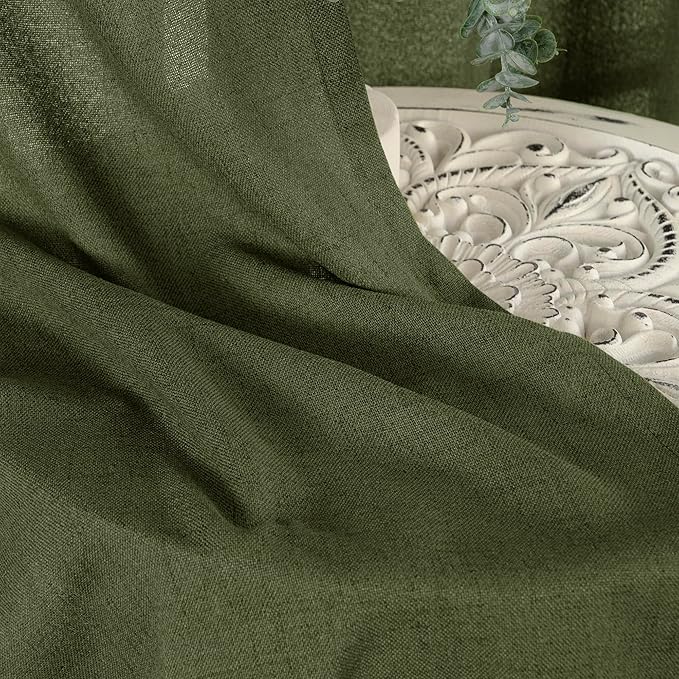 YoungsTex Olive Green Linen Curtains 45 Inch Length, Short Window Drapes Light Filtering Textured Semi Sheer with Rod Pocket Back Tab for Kitchen Living Room, 2 Panels, 42 X 45 Inch