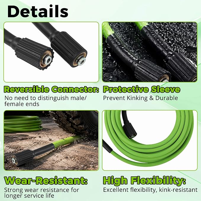 PWACCS Pressure Washer Hose 50 FT, 1/4" ID Steel Braided Power Washer Hose with M22-14mm Fittings - 4000 PSI High Pressure Wash Replacement Hose with Universal Adapter Kit, Green