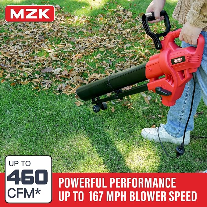 MZK 3-in-1 Electric Leaf Blower Vacuum Mulcher, Corded | Blows, vacuums, and mulches leaves with 460 CFM airflow and 40L bag for gardens, yards, and walkways.