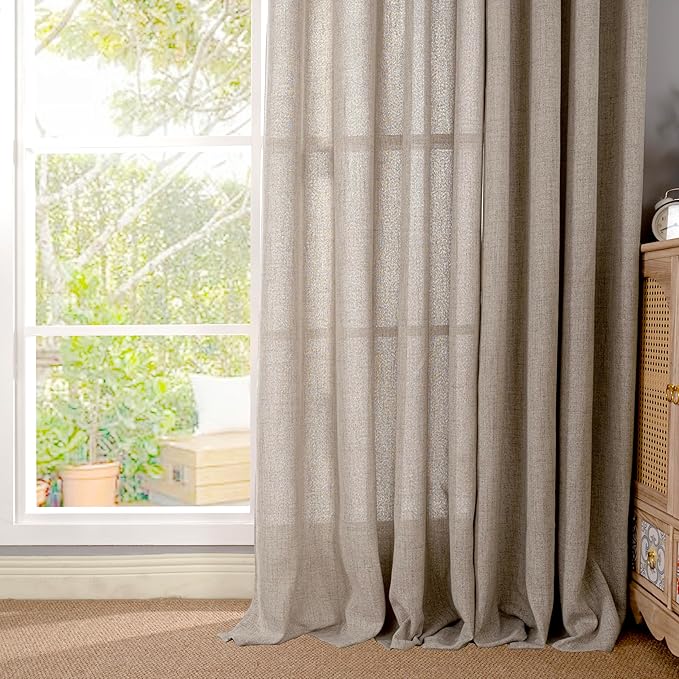YoungsTex Dark Oatmeal Linen Curtains 102 Inch Length for Living Room, Long Semi Sheer Drapes with Rod Pocket Back Tab Light Filtering for Office Dining Bedroom, 2 Panels, 52 X 102 Inch