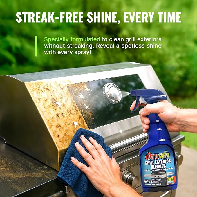 Grill Care Kit - BBQ Grid and Grill Grate Cleanser, Exterior Cleaner, and Scrubber by Citrusafe (16 oz Each)