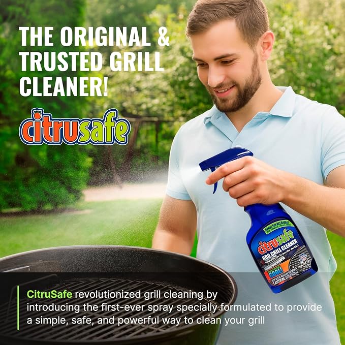 CitruSafe Grill Cleaning Kit - BBQ Grill Cleaner (16oz) and BBQ Grill Scrubber with 3 Heavy Duty Replaceable Scrubber Pads - Formulated to Safely Clean Burnt Food and Grease Off of Grill Surfaces