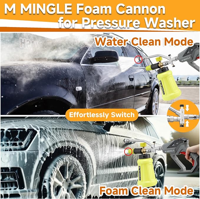 M MINGLE Pressure Washer Gun with Foam Cannon & Dual Connector Accessory | Car Wash Foam Gun Kit with 1/4 Inch Quick Connector, 5 Pressure Washer Nozzle Tips