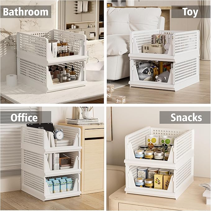 Proarea Stackable Plastic Storage Basket Closet Organizer Bin Foldable Clothes Organizer Storage Drawer Shelf Container for Living Room Bathroom Kitchen Office Laundry Room