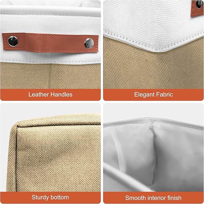 13in Open Fabric Storage Basket with Leather Handles for Organizing, Collapsible Linen Closet Bins for Shelves, Closets, Laundry, Decorative Basket for Gifts. (White＆Khaki, 2PCS/13x13in)