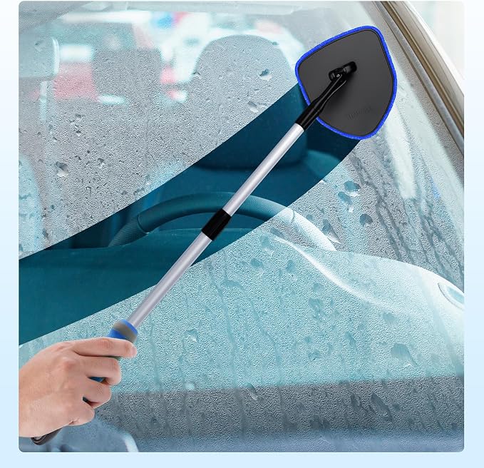 XINDELL Interior Windshield Cleaner Tool, Car Window Cleaning Kit with 5 Reusable Microfiber Pads, Extendable Handle & 360° Rotating Head, Streak-Free Auto Glass Wiper for Truck SUV RV
