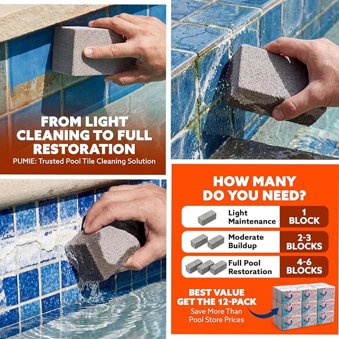 Pool Blok Pumie 12-Pack Pumice Stone for Pool Tile Cleaning - Calcium Remover for Tile & Plaster Stain - Cleaner for Calcium Build Up - Grout & Concrete Scouring PB-12-5.75x2.87x2.87
