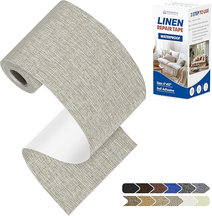 KING MOUNTAIN Linen Repair Patches, Self-Adhesive Fabric Patches, 4 X 63 inch Extra Size, Multi Color, Can be Used for Sofa Repair and Linen Clothes Repair (Cream-Gray 1.0)