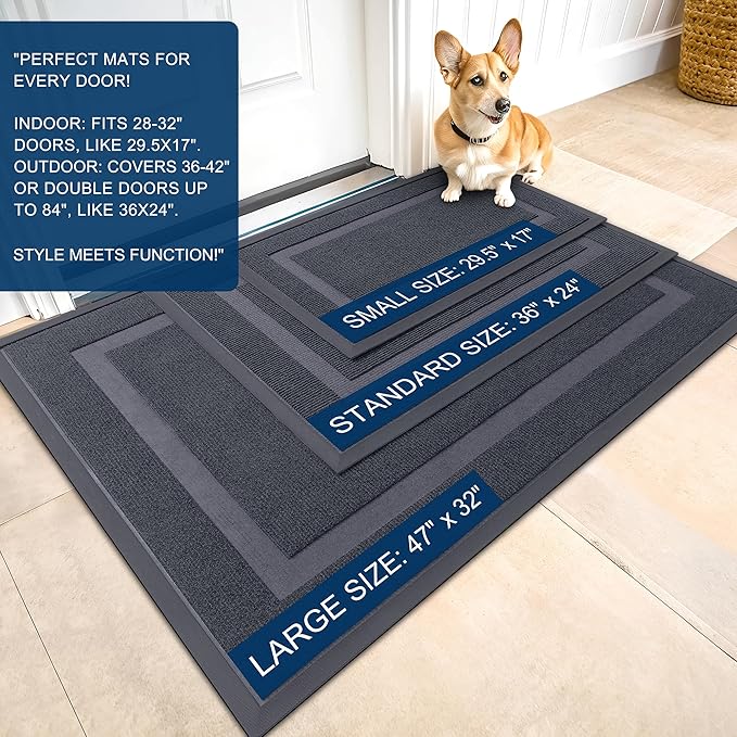 OLANLY Front Door Mat Indoor Outdoor Entrance, Waterproof All-Season, All-Weather Doormat, Sturdy Natural Rubber, Fade Resistant, Low Profile, Easy Clean Patio Porch Entryway Mat, 71x47, Light Grey