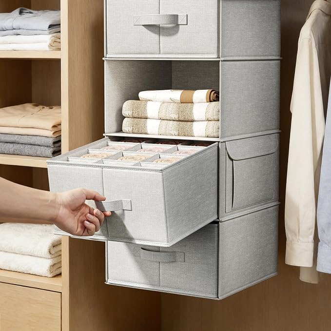 6-Shelf Hanging Closet Organizer with 3 Fabric Drawers, Silver Gray | Removable Fabric Drawers, Side Pockets, Reinforced Structure, Space-Saving Storage for Clothes, Nursery and Dorm Rooms