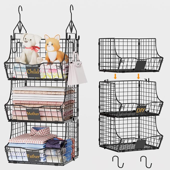 Hanging Closet Organizers and Storage, 6 Tier Closet Shelf Clothes Organizer with 2 S-Hooks, Multi-Functional Iron Wire Baskets, for Clothing, Sweaters, Handbags, Hat, Canned
