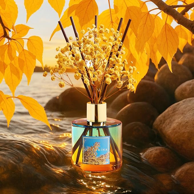 Reed Diffuser - Golden Leaves Reed Diffuser Set with 8 Sticks & Preserved Baby's Breath, Reed Diffuser for Home Bathroom Shelf Decor