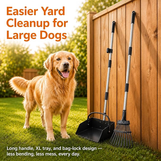 Toozey Extra Large Pooper Scooper for Large Dogs, 43.31" Long Handle | Sturdy Metal Tray & Rake | Cleaner Bag-Supported Pickup | Less Mess in Multi-Dog Yards | Fits Standard 13-Gallon Trash Bags