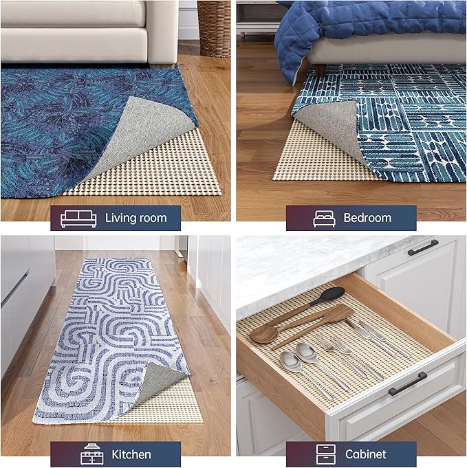 Non-Slip Rug Pad Gripper 8x11 Feet, Anti Skid Mat for Under Area Rugs, Keeps Rugs in Position and Safe, Thick Cushioned Carpet Pad for Hardwood Floors Protection