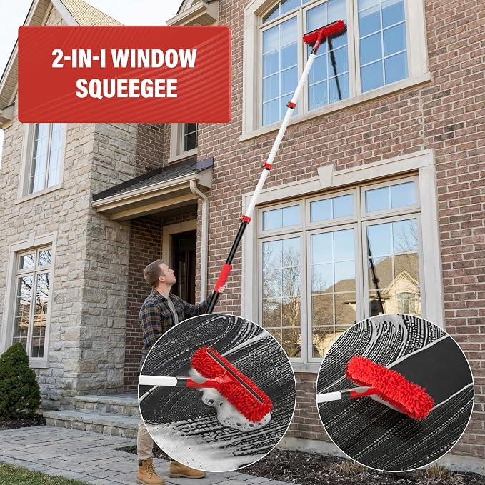 20FT High Reach Ceiling Duster Kit with 5-12ft Extension Pole – Fan & Cobweb Cleaner, Microfiber Feather Duster, 2-in-1 Window Squeegee, 270° Rotating Head, Reusable & Washable, Wall-Mount Rack