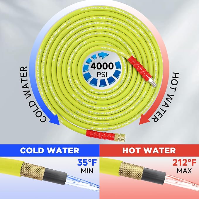 M MINGLE Pressure Washer Hose 100 FT x 3/8" - Replacement Power Wash Hose for Hot and Cold Water - High Pressure Hose with M22 14mm to 3/8 Inch Quick Connect Fittings - 4000PSI