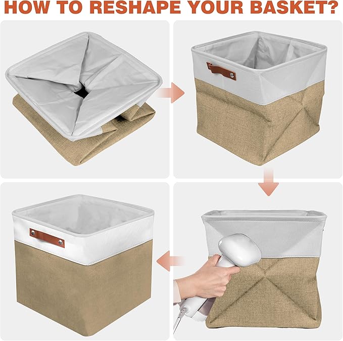 13in Open Fabric Storage Basket with Leather Handles for Organizing, Collapsible Linen Closet Bins for Shelves, Closets, Laundry, Decorative Basket for Gifts. (White＆Khaki, 2PCS/13x13in)