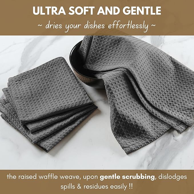 Native Fab Cotton Kitchen Towel with Hanging Loop 16x26 inches, 4-Pack, Waffle Weave Kitchen Towels for Cleaning Drying, Washcloths Soft & Absorbent Cloth Rags, Bar Towel, Dish Cloth, Grey