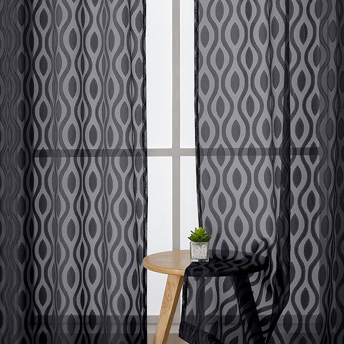 Aiyufeng Black Sheer Curtains Tiers 36 Inch Length 2 Panels Set, Airy Lightweight Clip Jacquard Small Window Curtains, Modern Wavy Line Textured Voile Sheer Curtains for Small Windows, 40"Wx36"L Inch