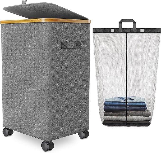 Laundry Hamper with Wheels,20 Gal (75L) Laundry Basket with lid Rolling Clothes Hamper Foldable Dirty Clothes Basket on wheels with Bamboo Frame and Bag for Bedroom, Dorm, Laundry Room-Grey